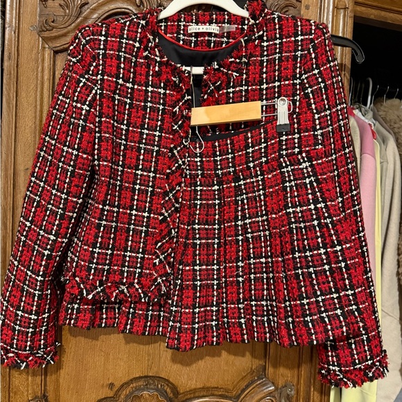 Alice and Olivia Red Plaid Tweed Jacket and Skirt Set - Picture 7 of 8
